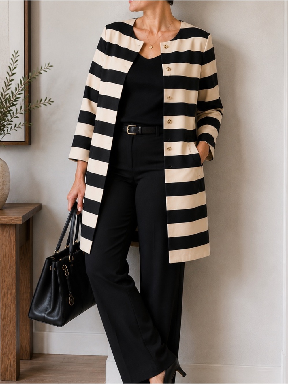 Bianca Nygård 16W Striped Longline Jacket Black Cream Mod Statement Coat